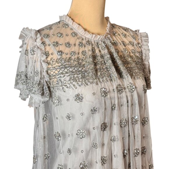 Needle Thread Heavily Beaded Top Sz XS Gray Embellished By Hand Luxury Event - Picture 4 of 16